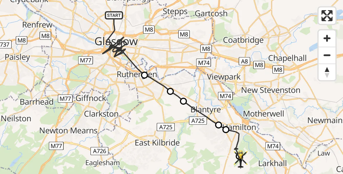 Flight route Police Helicopter Glasgow - Quarter, 25 July 2026, 13:00