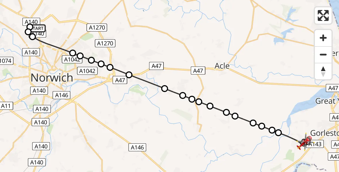 Flight route Air Ambulance Helicopter Norwich Airport - Great Yarmouth, 25 July 2026, 13:01