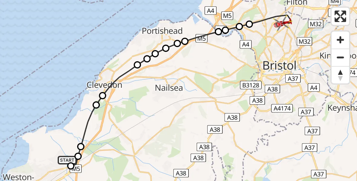 Flight route Air Ambulance Helicopter Weston-super-Mare - Bristol, 25 July 2026, 13:09