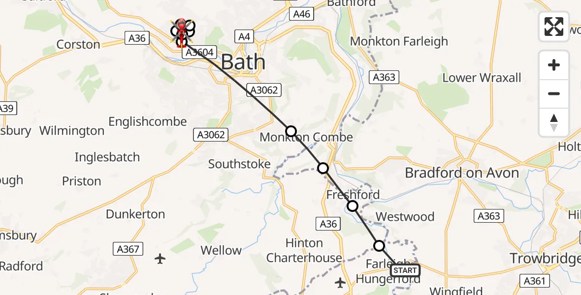 Flight route Air Ambulance Helicopter Wingfield - Royal United Hospital Bath, 25 July 2026, 13:10