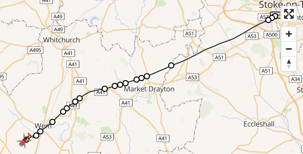 Flight route Air Ambulance Helicopter University Hospital North Staffs - Sleap Airfield, 25 July 2026, 13:11