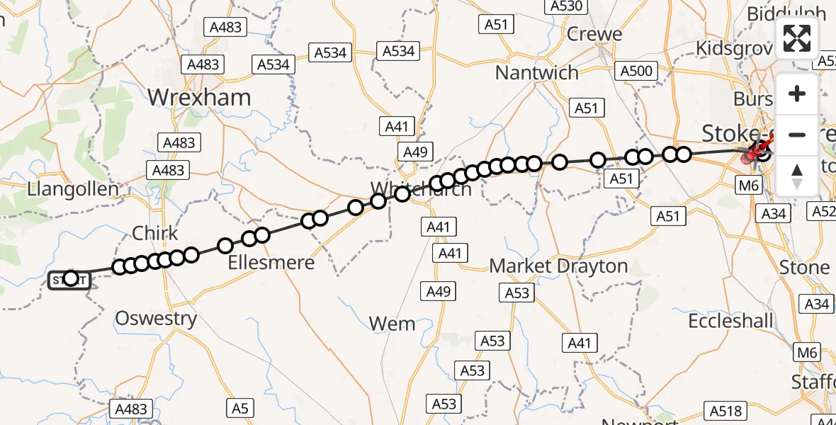 Flight route Air Ambulance Helicopter Llansilin - University Hospital North Staffs, 25 July 2026, 13:18