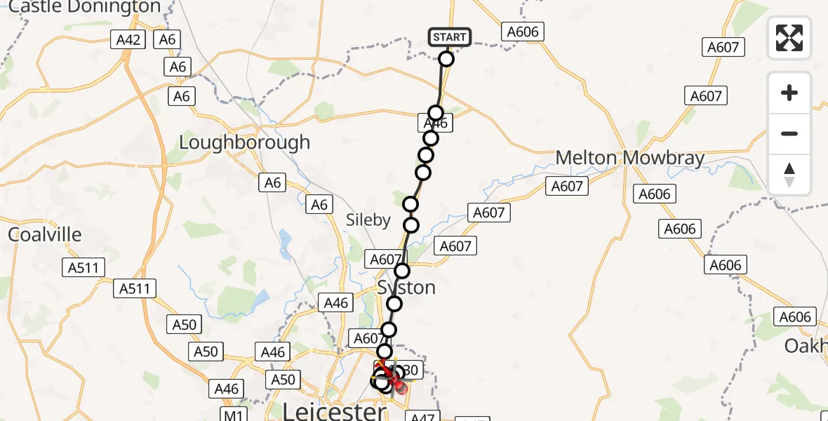 Flight route Air Ambulance Helicopter Willoughby on the Wolds - Humberstone, 25 July 2026, 13:24
