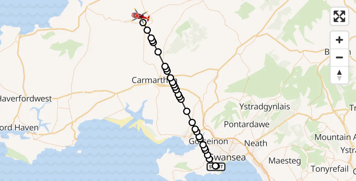 Flight route Air Ambulance Helicopter Mayals - Penrhiw-llan, 25 July 2026, 13:26