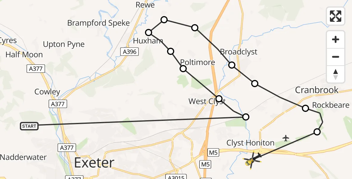 Flight route Police Helicopter Exeter - East Devon, 25 July 2026, 13:29
