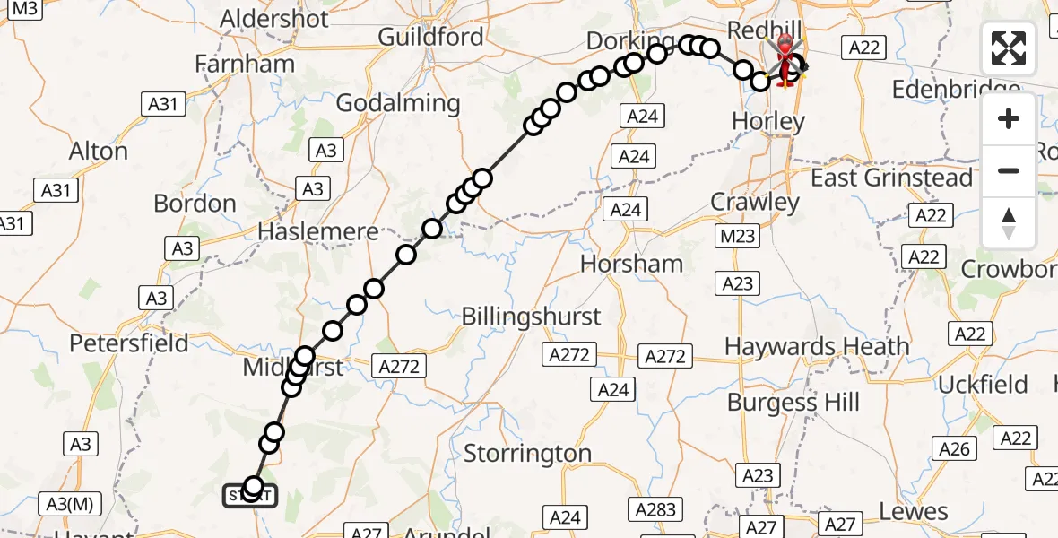 Flight route Air Ambulance Helicopter West Dean - Redhill Aerodrome, 25 July 2026, 13:31