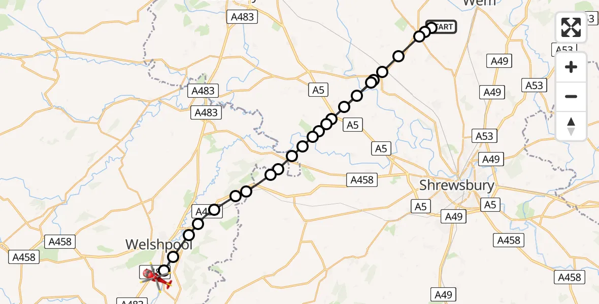 Flight route Air Ambulance Helicopter Sleap Airfield - Welshpool Airport, 25 July 2026, 13:32