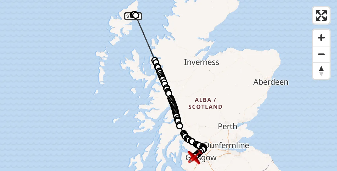 Flight route Air Ambulance Aircraft Tunga - Glasgow Airport, 25 July 2026, 13:33