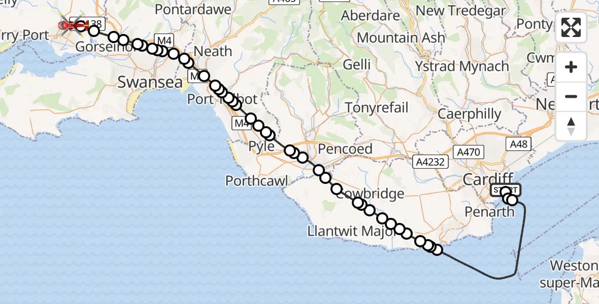 Flight route Air Ambulance Helicopter Cardiff Heliport - Dafen, 25 July 2026, 13:38