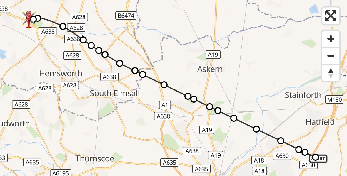 Flight route Air Ambulance Helicopter Old Cantley - YAA Nostell Helicopter Port, 25 July 2026, 13:38