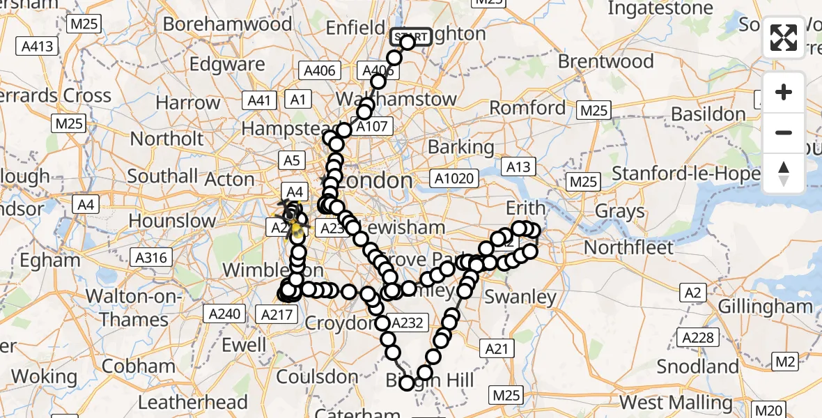 Flight route Police Helicopter Chingford - Battersea, 25 July 2026, 13:41