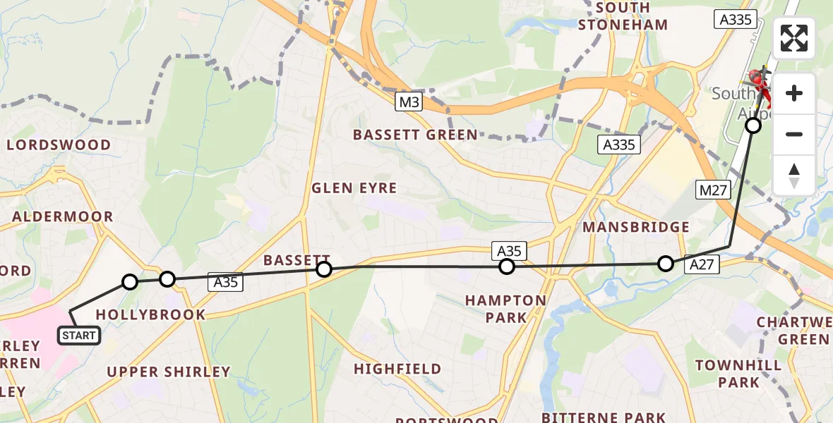 Flight route Air Ambulance Helicopter University Hospital Southampton - Southampton Airport, 25 July 2026, 13:41