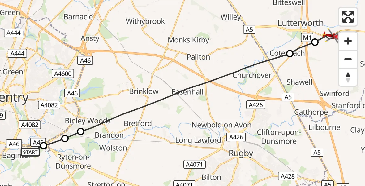 Flight route Air Ambulance Helicopter Coventry Airport - Walcote, 25 July 2026, 13:43