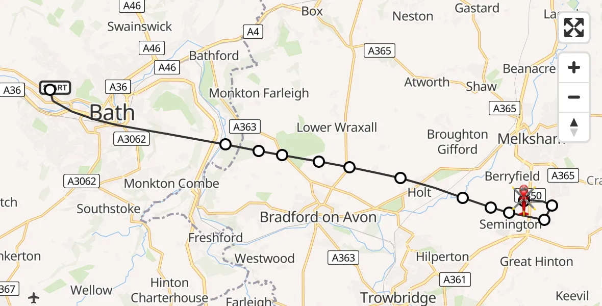 Flight route Air Ambulance Helicopter Royal United Hospital Bath - Wiltshire Air Ambulance, 25 July 2026, 13:46