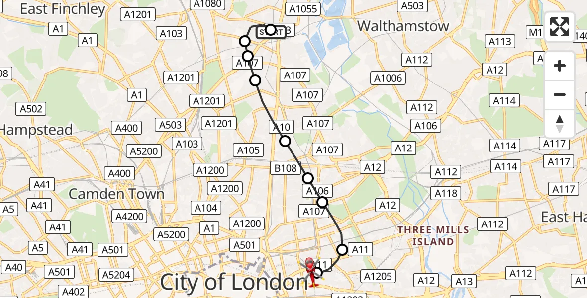 Flight route Air Ambulance Helicopter West Green - Royal London Hospital, 25 July 2026, 13:49