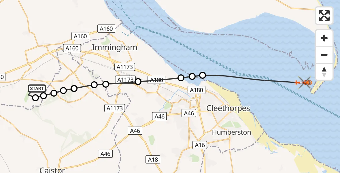 Flight route Coastguard Helicopter Humberside Airport - North Sea, 25 July 2026, 14:00