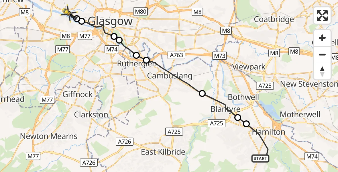 Flight route Police Helicopter Hamilton - Glasgow, 25 July 2026, 14:01