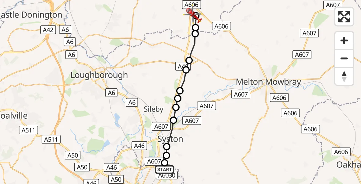 Flight route Air Ambulance Helicopter Hamilton - Nottingham Heliport, 25 July 2026, 14:06