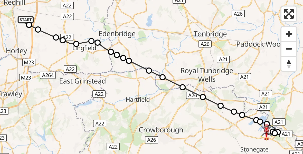 Flight route Air Ambulance Helicopter Redhill Aerodrome - Ticehurst, 25 July 2026, 14:07