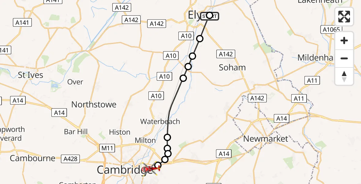 Flight route Air Ambulance Helicopter Queen Adelaide - Cambridge City Airport, 25 July 2026, 14:10