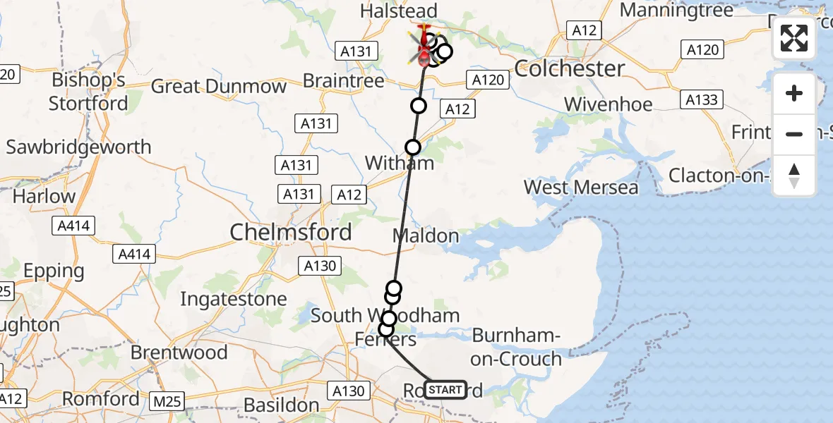 Flight route Air Ambulance Helicopter Rochford - Earls Colne Airfield, 25 July 2026, 14:17