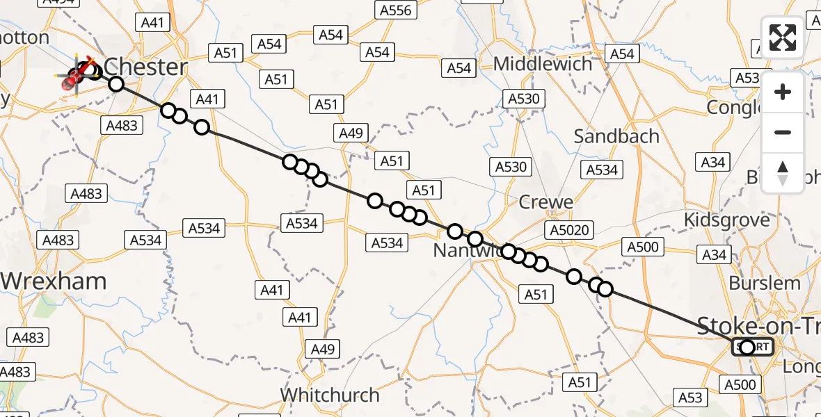 Flight route Air Ambulance Helicopter University Hospital North Staffs - Saltney Ferry, 25 July 2026, 14:20