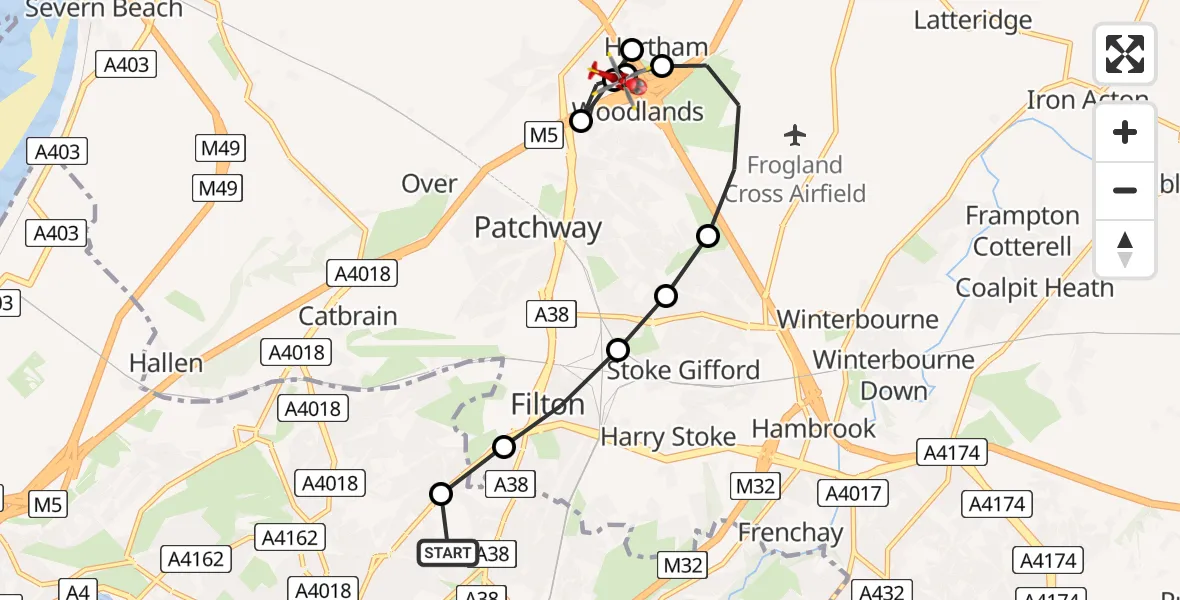 Flight route Air Ambulance Helicopter Southmead Hospital - Almondsbury Helicopter Base, 25 July 2026, 14:22