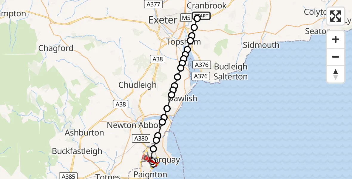 Flight route Air Ambulance Helicopter Exeter International Airport - Paignton, 25 July 2026, 14:25