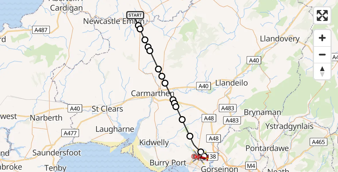 Flight route Air Ambulance Helicopter Penrhiw-llan - Dafen, 25 July 2026, 14:26