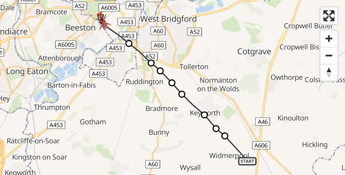 Flight route Air Ambulance Helicopter Widmerpool - City of Nottingham, 25 July 2026, 14:32
