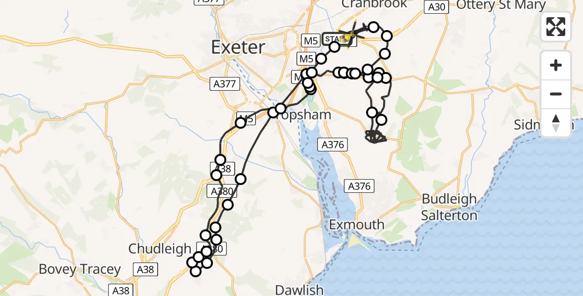 Flight route Police Helicopter Exeter International Airport - Exeter International Airport, 25 July 2026, 14:36