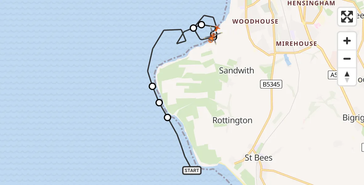 Flight route Coastguard Helicopter Rottington - St. Bees, 25 July 2026, 14:49