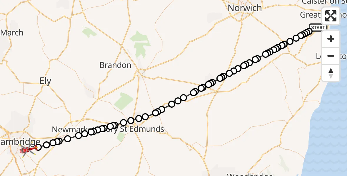 Flight route Air Ambulance Helicopter Great Yarmouth - Fulbourn, 25 July 2026, 14:49