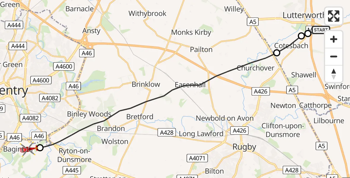 Flight route Air Ambulance Helicopter Walcote - Coventry Airport, 25 July 2026, 14:52