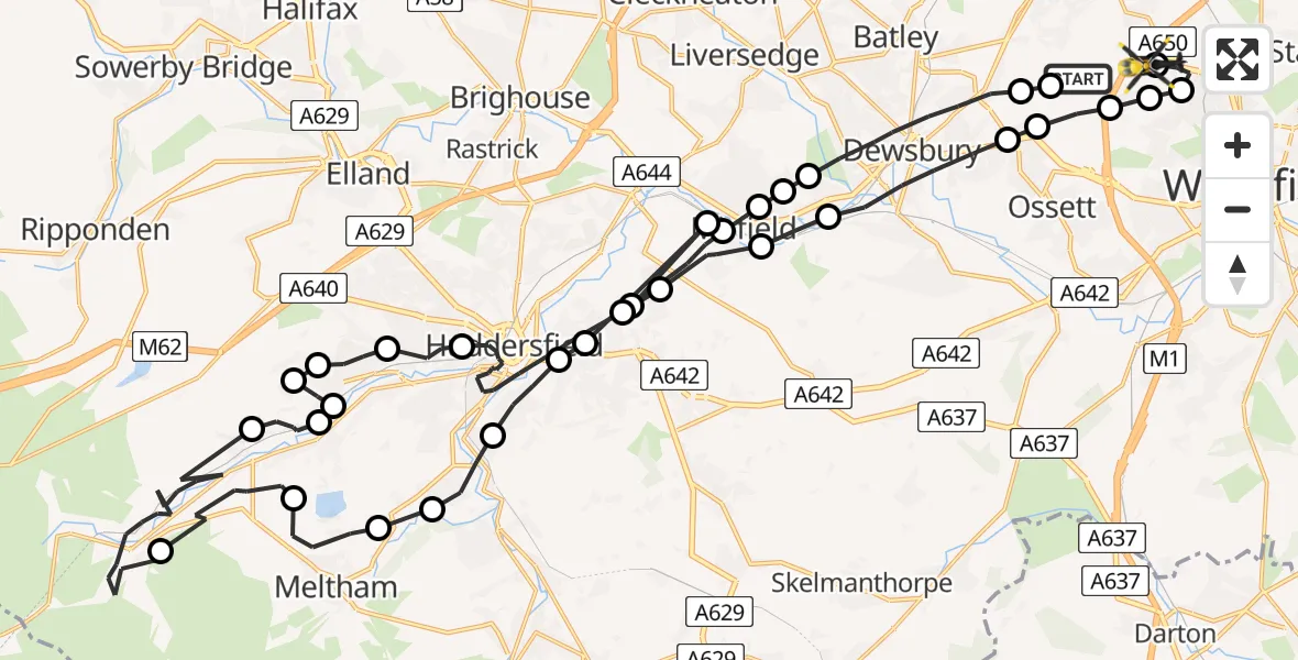 Flight route Police Helicopter Woodkirk - East Ardsley, 25 July 2026, 14:52