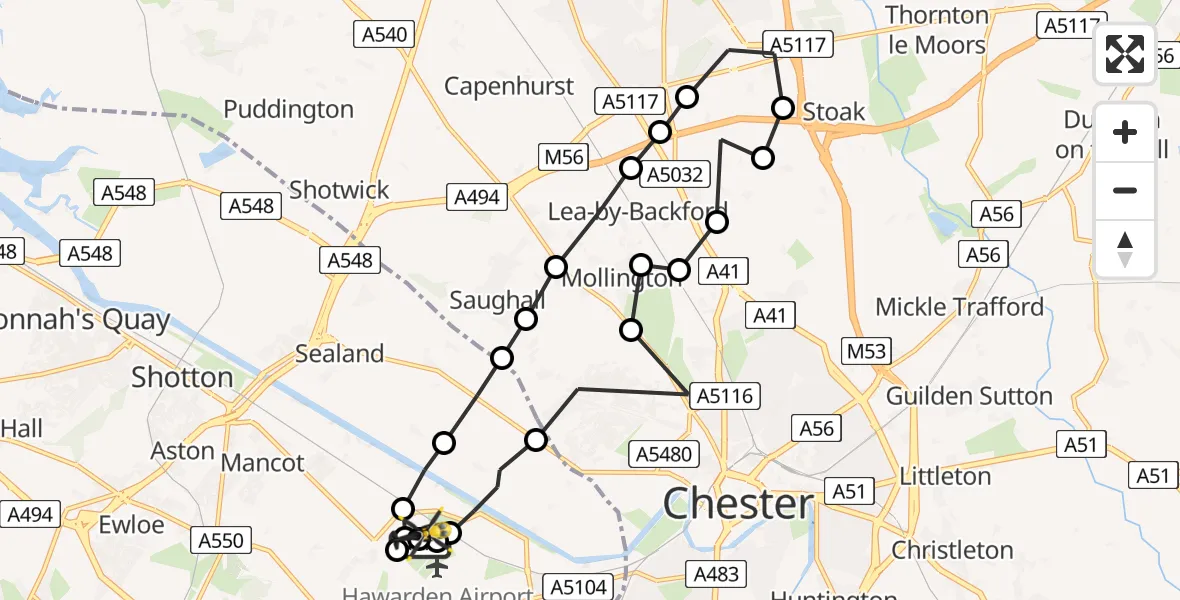 Flight route Police Helicopter Hawarden Airport - Hawarden Airport, 25 July 2026, 14:53
