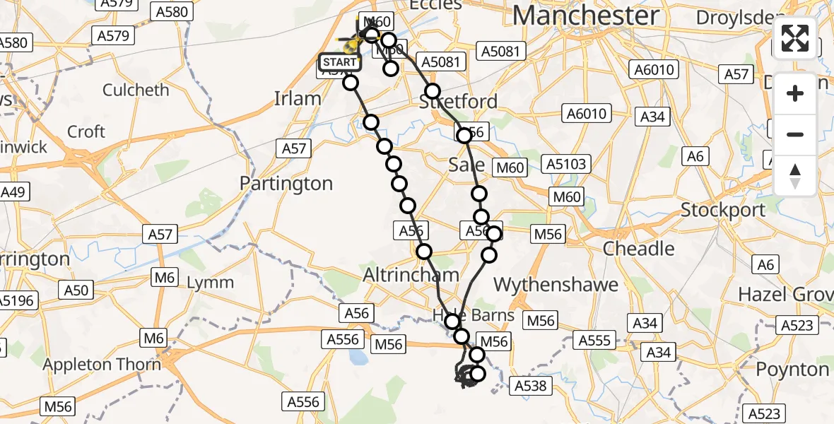 Flight route Police Helicopter Irlam - Manchester Barton Aerodrome, 25 July 2026, 15:02
