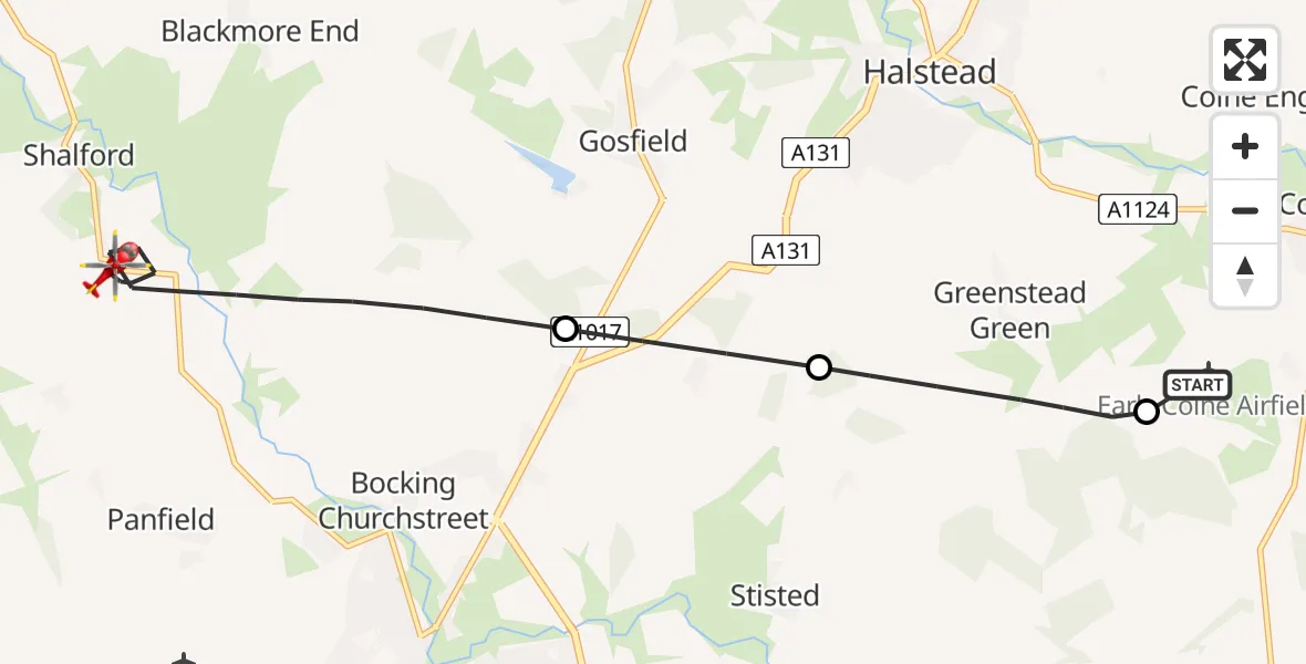 Flight route Air Ambulance Helicopter Earls Colne Airfield - Braintree, 25 July 2026, 15:04