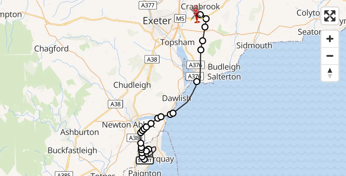 Flight route Air Ambulance Helicopter Cockington - Exeter International Airport, 25 July 2026, 15:04