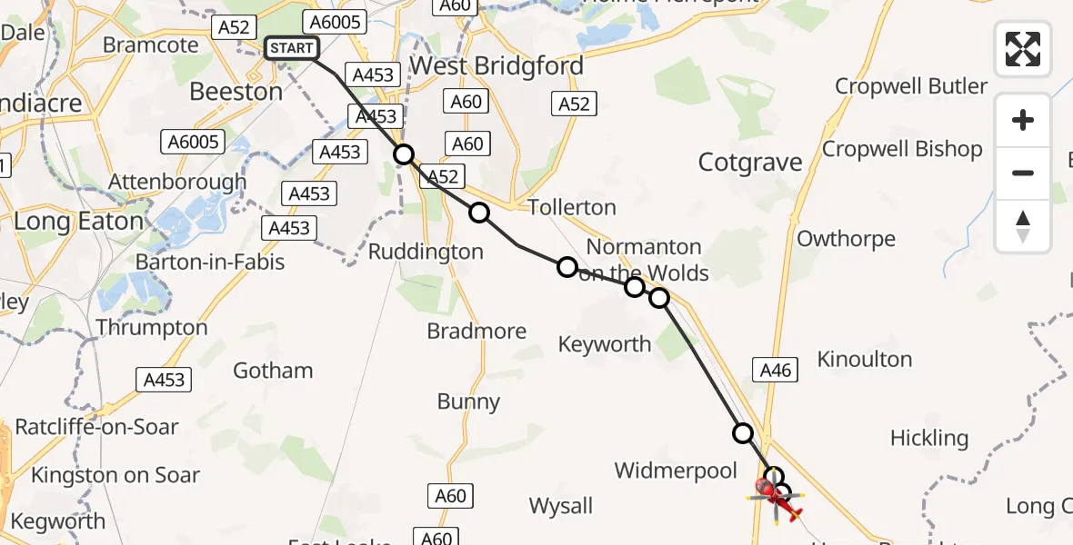 Flight route Air Ambulance Helicopter City of Nottingham - Nottingham Heliport, 25 July 2026, 15:06