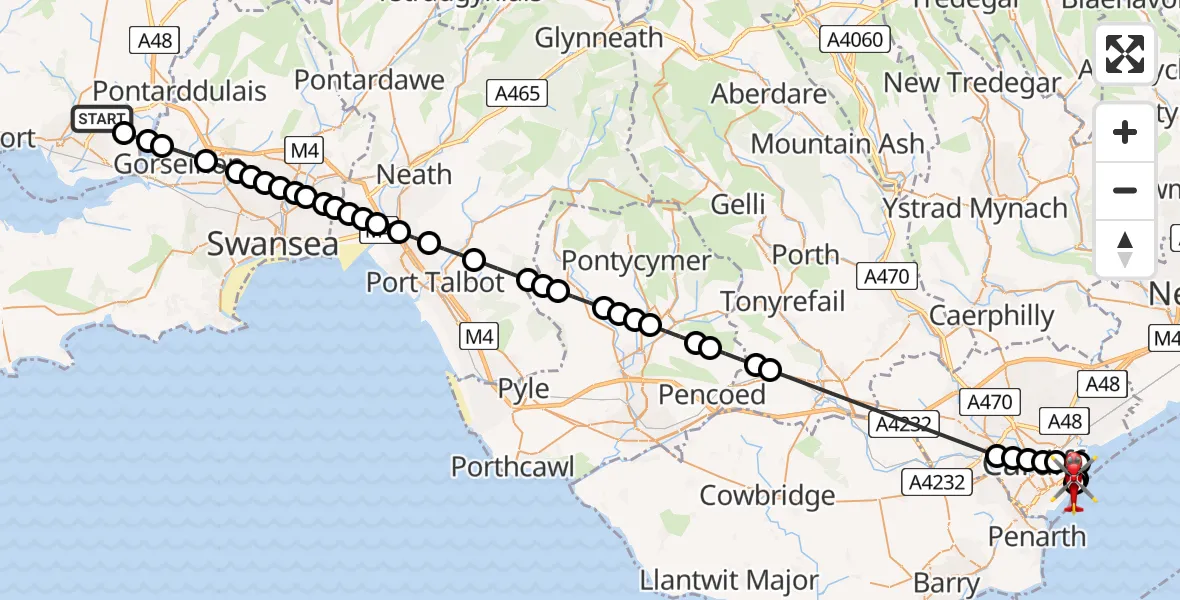 Flight route Air Ambulance Helicopter Dafen - Cardiff Heliport, 25 July 2026, 15:14