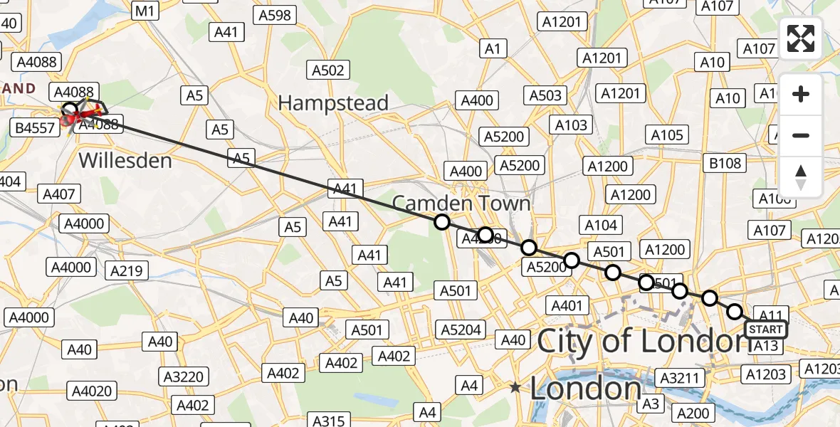 Flight route Air Ambulance Helicopter Royal London Hospital - Dollis Hill, 25 July 2026, 15:22