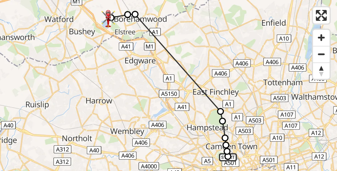Flight route Air Ambulance Helicopter Chalk Farm - Elstree Airfield, 25 July 2026, 15:21