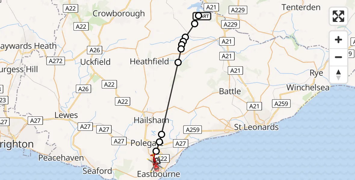 Flight route Air Ambulance Helicopter Ticehurst - Eastbourne, 25 July 2026, 15:22