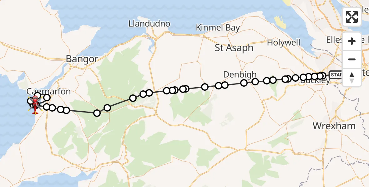 Flight route Air Ambulance Helicopter Hawarden Airport - Caernarfon Airport, 25 July 2026, 15:26