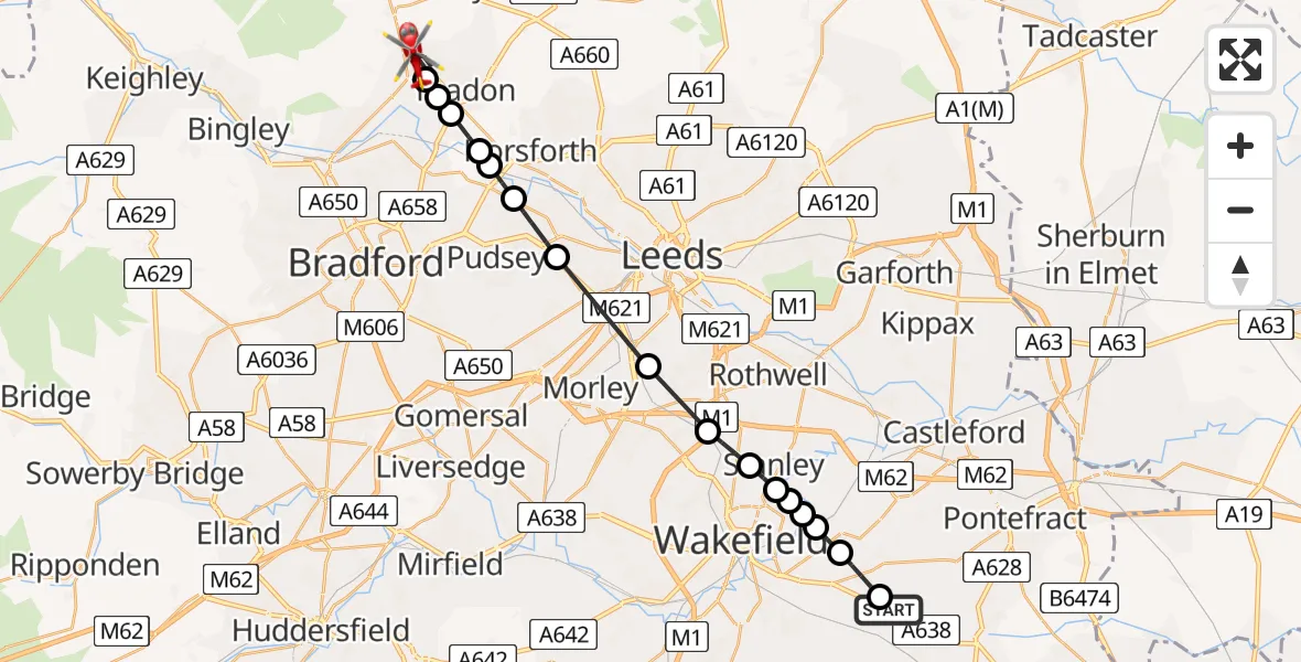 Flight route Air Ambulance Helicopter YAA Nostell Helicopter Port - Guiseley, 25 July 2026, 15:32