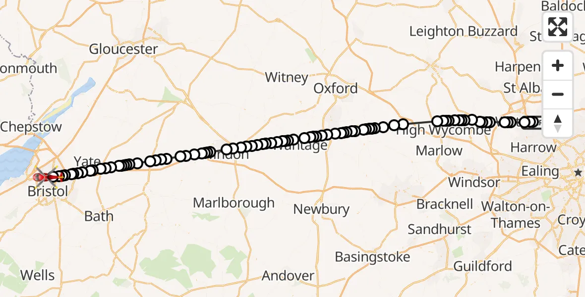 Flight route Air Ambulance Helicopter Elstree Airfield - Bristol, 25 July 2026, 15:38