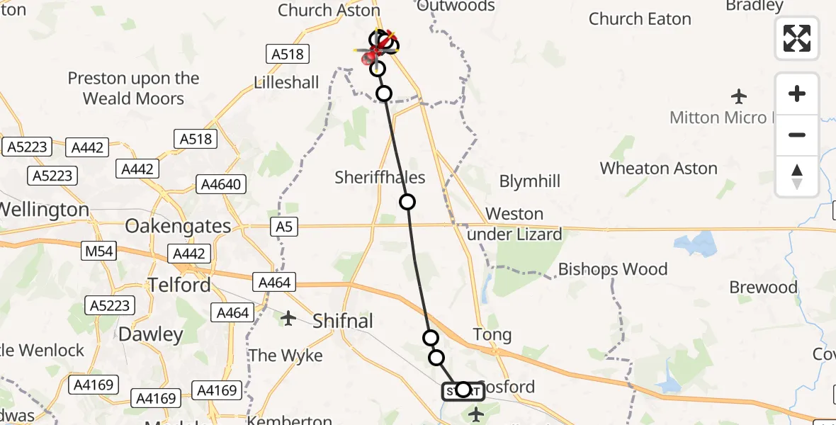 Flight route Air Ambulance Helicopter RAF Cosford - Church Aston, 25 July 2026, 15:43