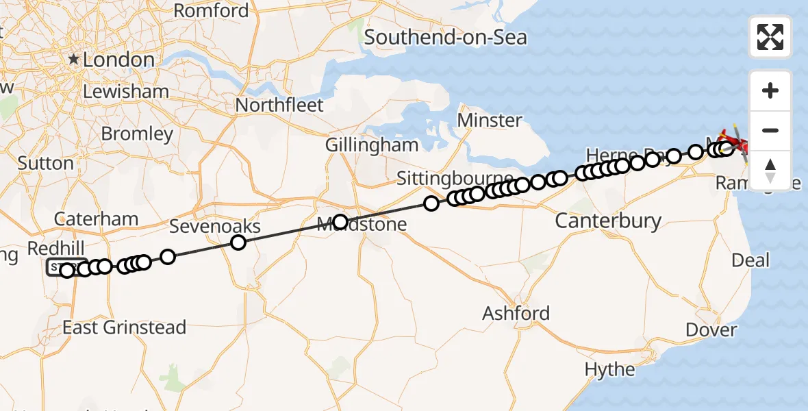 Flight route Air Ambulance Helicopter Redhill Aerodrome - Margate, 25 July 2026, 15:45