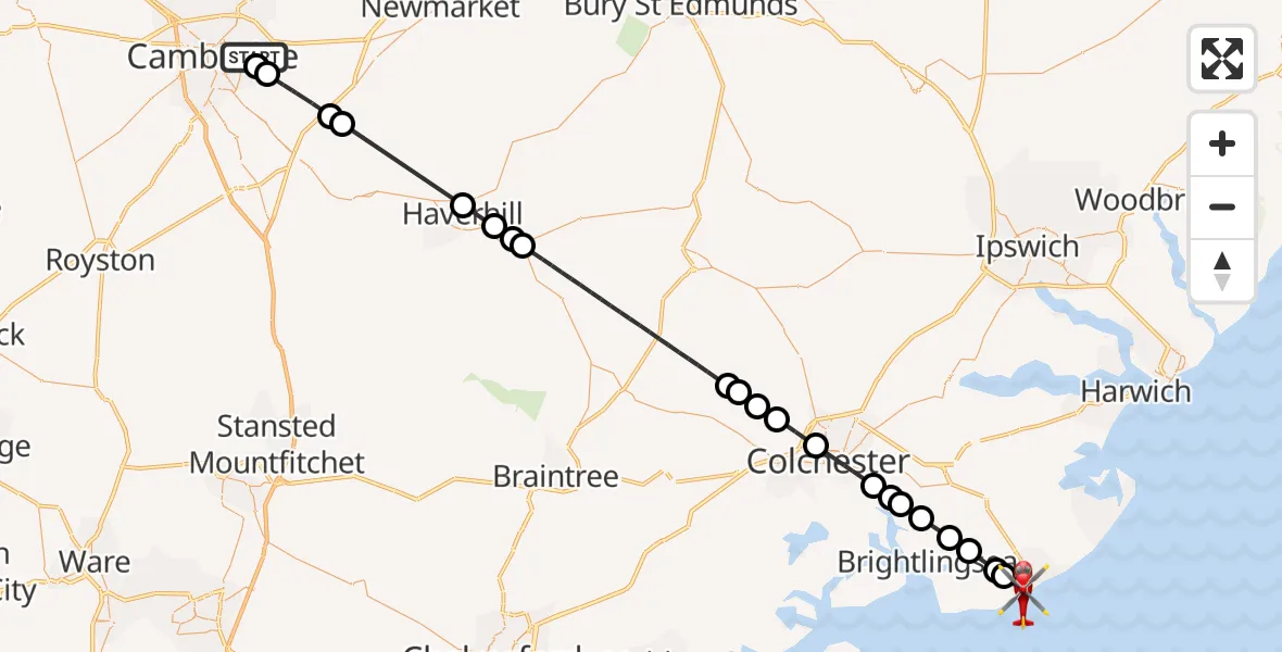 Flight route Air Ambulance Helicopter Cambridge City Airport - Clacton-on-Sea, 25 July 2026, 15:47